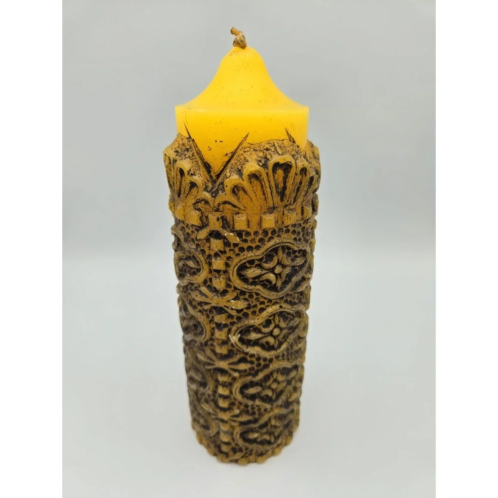 VTG 70s Pillar Candle Unscented Yellow Carved MCM Boho Hippie Retro Castle 9.75
